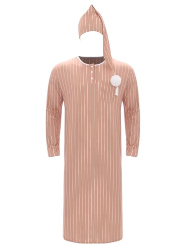 renvena Men's 2Pcs Pajamas Set Long Sleeve Striped Kaftan Sleepwear Night Shirt with Sleeping Cap3