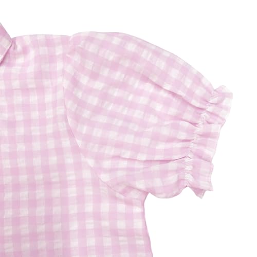 Image of Girls Short Sleeve Button Down Shirts Ruffle School Uniform Crop Tops Peter Pan Collar Plaid Blouse 4-13Y