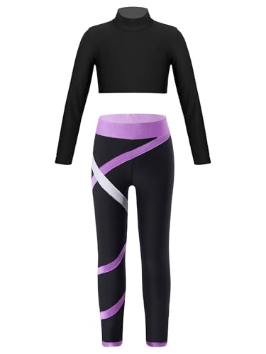 Freebily Conjunto de Deportivos para Niñas Crop Top de Manga Larga y Leggings Elásticos Pantalones Largos de Deporte Ropa de Gimnasia Yoga Fitness 5-14 Años Lavanda 7-8 años
