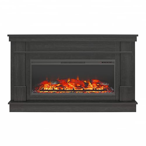 Ameriwood Home Elmcroft 64 Inch Electric Fireplace with Mantel, Replaceable Fireplace Insert Heater, Remote Control, Timer, Realistic Log and Flame Effect, for Living Room or Bedroom, Black Oak -  2105911COM