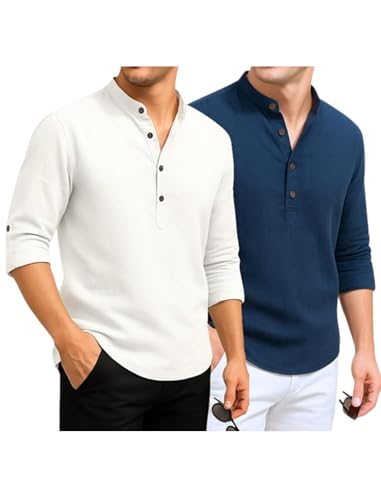 Image of DEEMOON Combo of Men's Cotton Blend Solid Regular Fit Full Sleeve Short Kurta | Men's Trendy Short Kurta Pack of 2 (Available in Plus Size & Combo Packs)