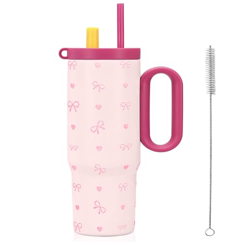 24oz Bow Tumbler with Handle and Straw,Insulated Stainless Steel Tumbler,Coffee Mug,Keep Drinks Hot and Cold,Cute Travel Mug,Gifts for Teens Women Mom
