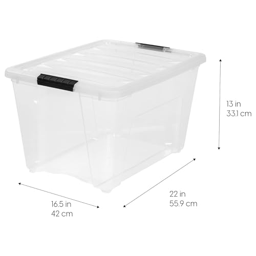 Image of IRIS USA 54 Qt Stackable Plastic Storage Bins with Lids, 12 Pack - BPA-Free, Made in USA - See-Through Organizing Solution, Latches, Durable Nestable Containers, Secure Pull Handle - Clear