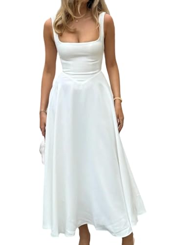 SHINFY Women's Summer Sleeveless Maxi Dresses Square Neck A-line Tank Dress Flowy Beach Vacation Sundress