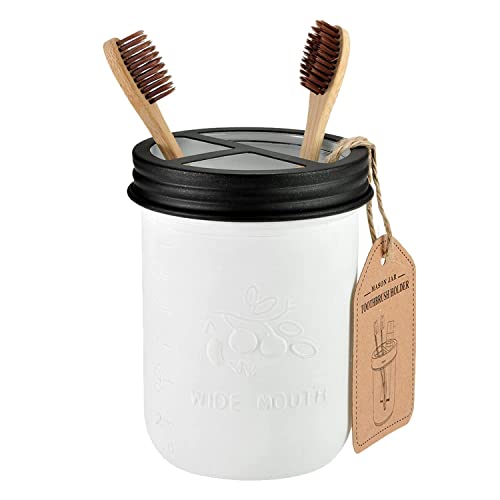 4Pc Mason Jar Bathroom Accessories Set —White Retro Mason Jar Lotion Soap Dispenser & 2 Qtip Holder & Toothbrush Holder,Rustic Farmhouse Decor+2 Pc Apothecary Jars Bathroom Vanity Organizer,Black #TOP4