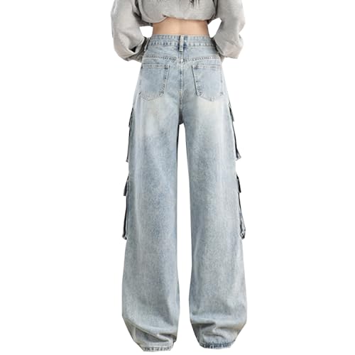SANGTREE Women's Jeans High Waisted Y2K Casual Loose Wide Leg Cargo Denim Pants with Pockets2