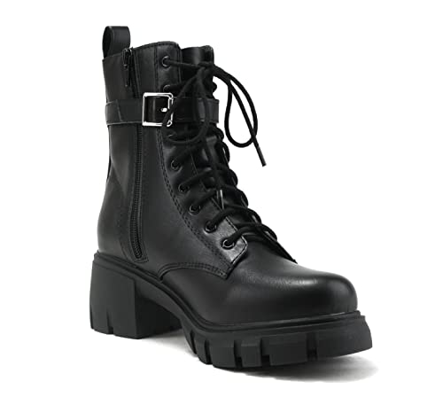 Soda BREACH ~ Women Lug Sole Mid Shaft Chunky Heel Fashion Combat Lace up Bootie W/Side Zipper & Pouch4