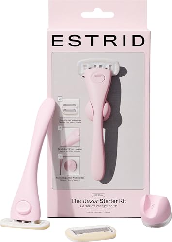 Estrid Rasierer-Starter-Set Rasierset für Frauen mit 5-Klingen-System vegane Feuchtigkeitsstreifen 2 kleine Ersatzklingen Wandmontage (Bloom)