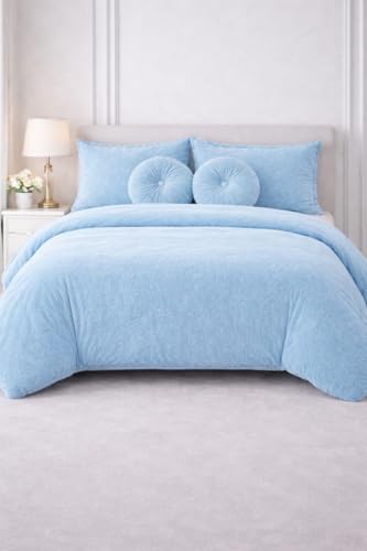 Image of Sands Luxurious 6Pc Bedding Set for Winter, 1 Double Duvet Cover,1 Double Bed bedsheet, 2 Pillow Covers, 2 Round Cushions, Ultra Soft Woollen Bedsheet Set- 90X100 inches (Sky)