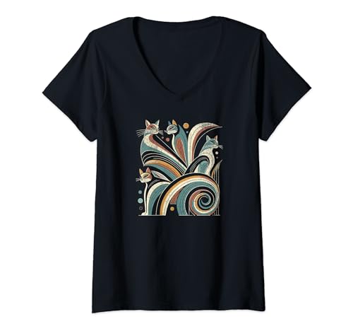 Mujer Estilo vintage retro de mediados de siglo, estilo de gatos de los años 50 y 60 Camiseta Cuello V