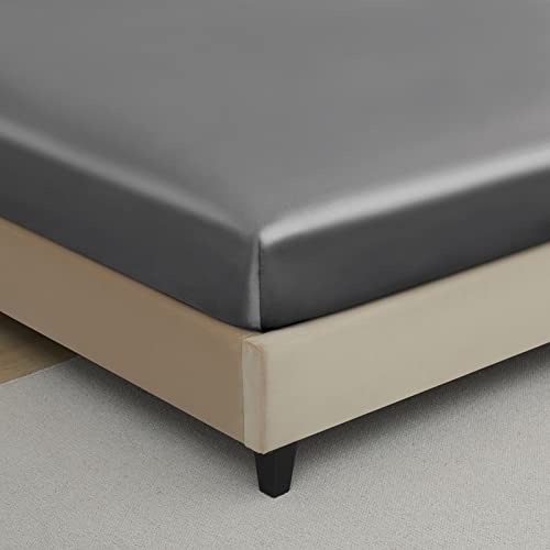 Twin Silk Satin Fitted Sheet, Soft Deep Pocket Single Bottom Bed Sheets Sold Separately, Wrinkle Free, Non- Fading, Breathable, Fully Elasticized(Twin Size, Dark Grey)