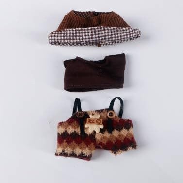 Compatible with Labubu (NO Doll) - Brown - Plaid Trim Vintage Knit Set (Checkered - Trim Beanie + Knit Top + Overalls with Bear Charm), 15cm/17cm Doll Clothing (Brown - Knit Plaid)
