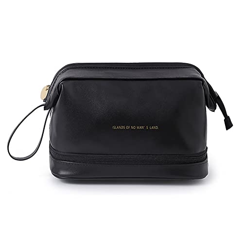 Sac de Maquillage Double Couche, Sac de Maquillage de Voyage, Sac de Maquillage en Cuir, Sac de Maquillage pour Femmes de Grande capacité (Noir) Cover