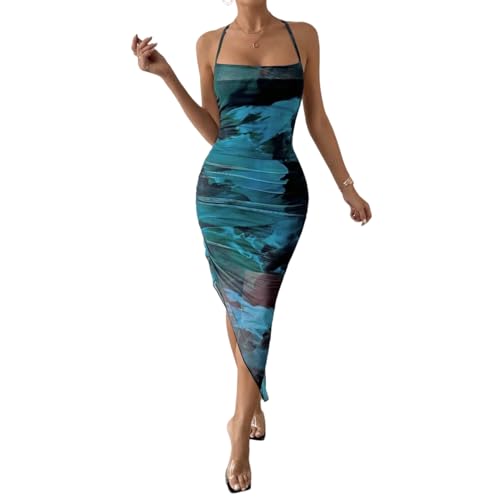 Image of LIGHT DOT Women's Spaghetti Strap Printed Bodycon Ruched Midi Cocktail Dress Sexy Cowl Neck Tie Dye