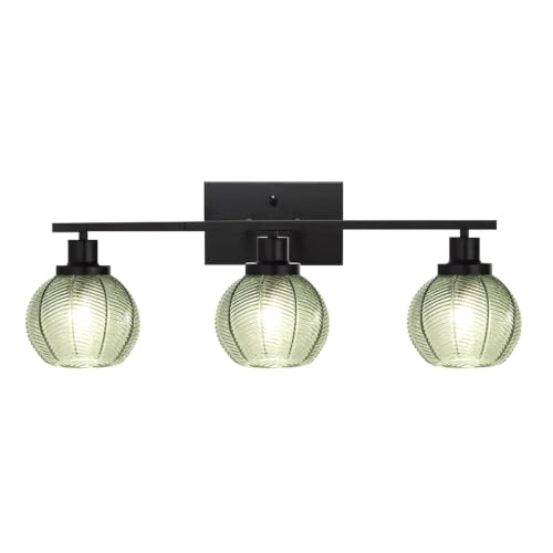 Image of Farmhouse 3-Light Sage Green Glass Vanity Wall Light Fixture | Industrial 3-Light Sage Green Ribbed Globe Wall Sconce, E26 Lighting For Laundry, Powder Room, Hallway