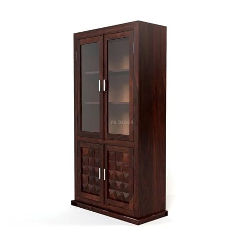 Image of Solid Sheesham Wood Book Shelf with Acrylic Glass Doors and Storage Cabinet | Rosewood Display Unit with 4 Doors for Living Room (Walnut Finish)