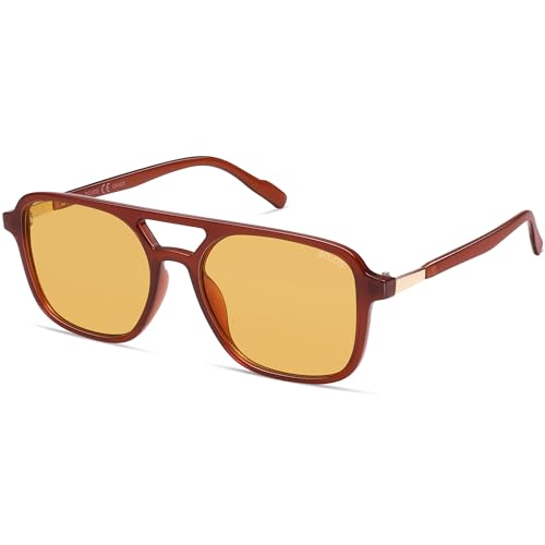 SOJOS Retro Aviator Sunglasses for Women Men,Trendy Rectangle Womens Mens Shades Sun Glasses SJ2202 Brown Frame Yellow Lens