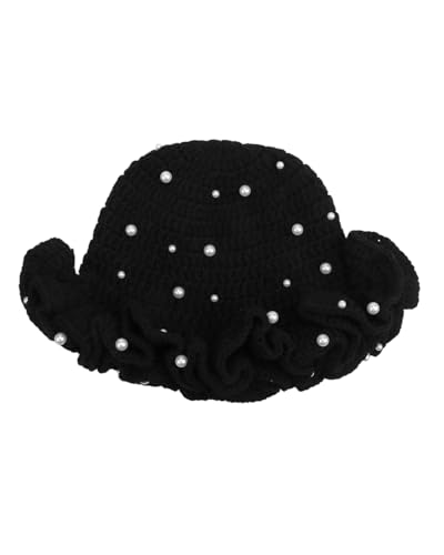 Image of Women Crochet Bucket Hat Cute Winter Ruffled Brim Floppy Cap Handmade Knit Cloche Hats