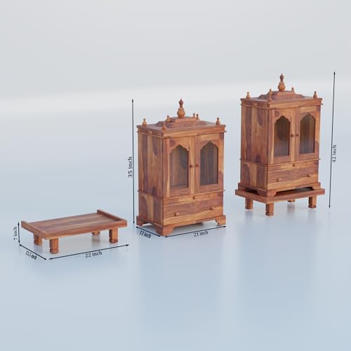G Fine Furniture 3.5 Feet Wooden Temple for Home | Pooja Mandir, Puja Ghar Mandap with 1 Drawer Storage, 2 Glass Door Cabinet, Pooja Choki & Dhoop Batti Slider Stand, Solid Wood Sheesham, Teak