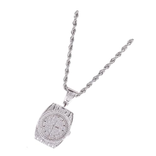 Collier hip-hop Hohopeti avec pendentif cadran en zircon argenté et chaîne torsadée