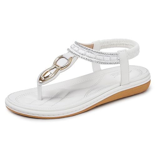 Image of SHIBEVER Flat Sandals for Women Dressy: Comfortable Thong Slip On Sandal | Elastic Ankle Strap Bohemian Women's Flats Shoes - Summer Comfort Flip Flops Open Toe Orthopedic for Walking Casual