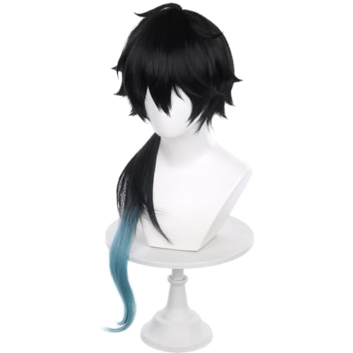 Image of Anime Black Blue Gradient Wig with Bangs Men Long Straight Wig with Ponytail for Women Game Dragon Permansor Cosplay Wig Halloween,Christmas,Comic con,Game Show,Party