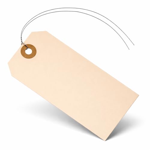 Label Tags with Wire Attached - 4 3/4' x 2 3/8' Box of 100 Blank Manila Tags with Reinforced Hole and Metal Wire Ties, Labels with Wire