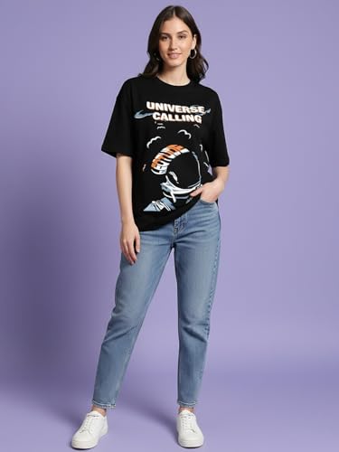 Image of LEOTUDE Women's Oversized Printed Round Neck Half Sleeve Baggy Fit Drop Shoulder Korean Style Oversized T-Shirt for Women's (Color: Black)