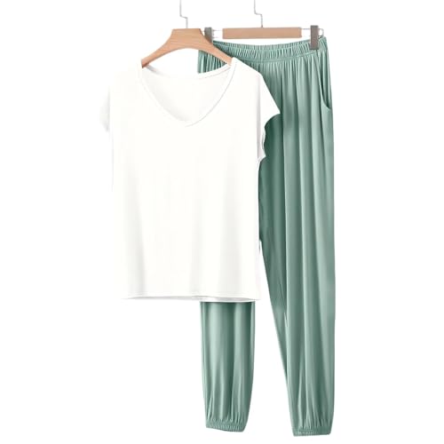 Image of HGps8w Women's Modal Soft Summer Pajamas Sets, Loose V Neck Short Sleeve Top Joggers Pants Matching 2 Piece Lounge Outfits