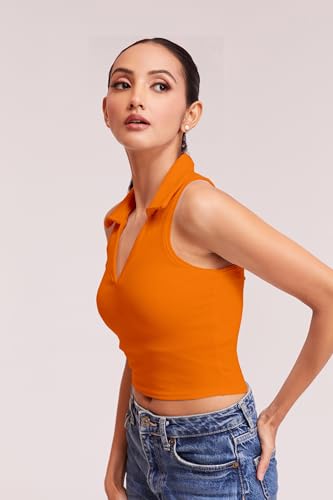 Image of BERRY BIRD Stylish Sleeveless V-Neck Slim Fit Collar Ribbed Knit Tank Crop Tops for Women & Girls Beach and Gym Wear and Western Trendy Fashion