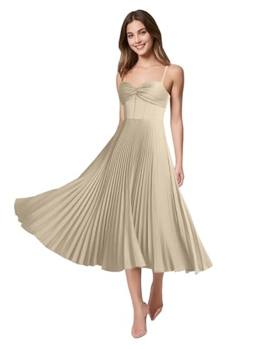 Pleated Satin Short Bridesmaid Dress for Wedding Spaghetti Straps Tea Length Sleeveless Pleated Formal Midi Bridesmaid Dresses for Womens Champagne