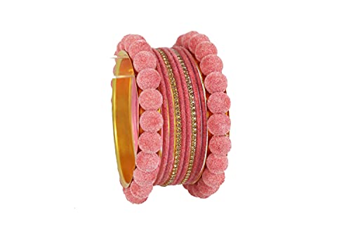 Image of NMII Stylish Metal with Golden Zircon Stone & Velvet Balls Bangles Set For Women and Girls | Fancy Designer Bangles | Short Velvet Chuda Set | Women's Fashion Jewellery