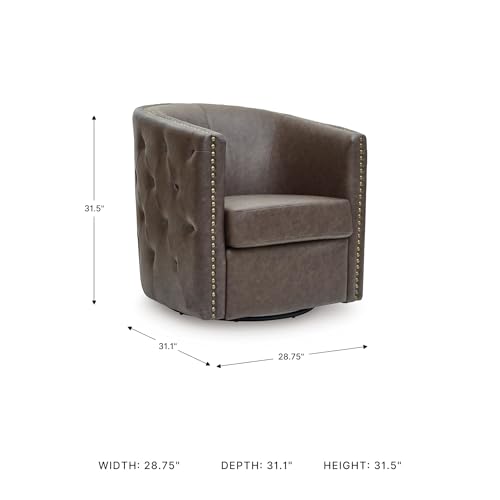 Image of Signature Design by Ashley Brentlow Swivel Chair with Faux Leather Upholstery, Barrel‑Back Seating, Antiqued Nailhead Trim and Tufted Sides for Living Room or Bedroom, Dark Brown