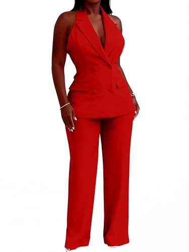 Women 2 Piece Suit Set Sleeveless Casual Business Pants Suiting Two Piece Outfit Professional Office Work Pantsuits Set Red L