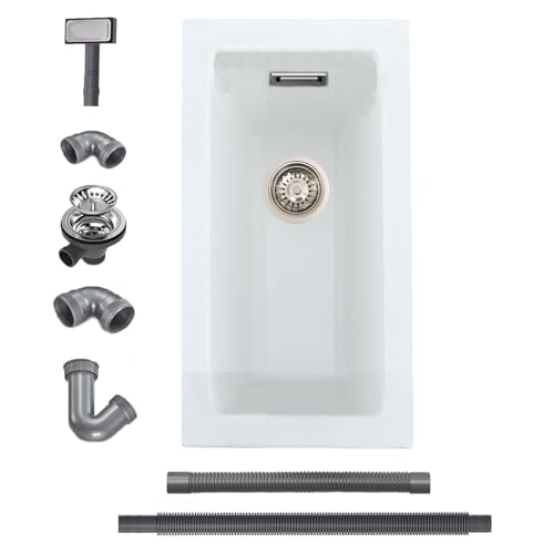 iAnomla Évier Cuisine en Quartz Blanc, 25 X 45 cm, Évier Simple en Composite Encastré/Sous Plan, Évier Commercial Avec Trop-Plein, Kit de Déchets, Adapté Aux Postes de Travail et Aux Évier de Bar