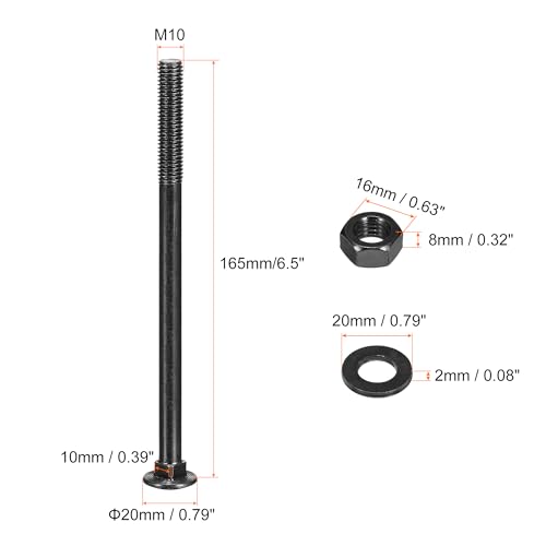 QUARKZMAN M10x165mm Vierkant Hals Schlossschrauben mit Muttern & Unterlegscheiben, 25Set 304 Edelstahl Rundkopf Vierkant Hals Coach Bolzenschrauben, Schwarz