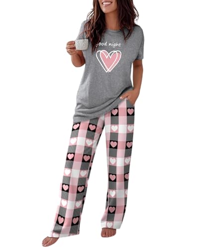 CHICME Womens Pajamas Sets 2 Piece Short Sleeve Lounge Set Printed Loose Pants Pj Sets Loungewear Set Heart Gray-L