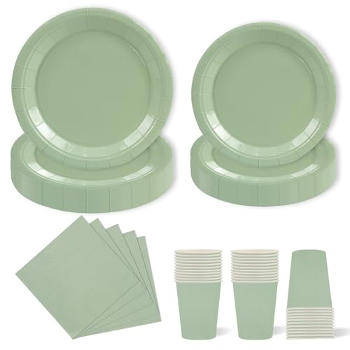 HFBOBP Juego de 96 platos de papel verde hierba, para fiestas, vasos, servilletas, platos de fiesta, para fiestas y celebraciones como cumpleaños