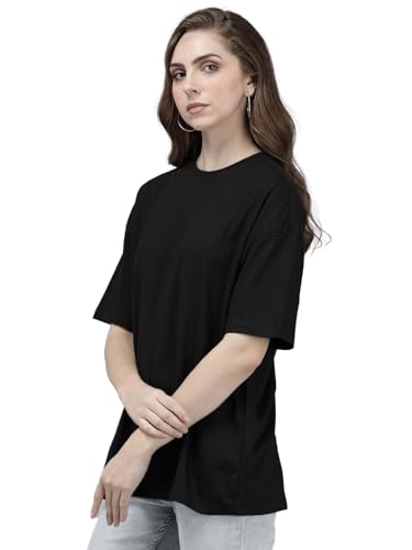 Image of LEOTUDE Women's cotton Oversized Fit Oversized Half Sleeve Tshirt, Round Neck Longline Drop Shoulder Solid T-Shirt