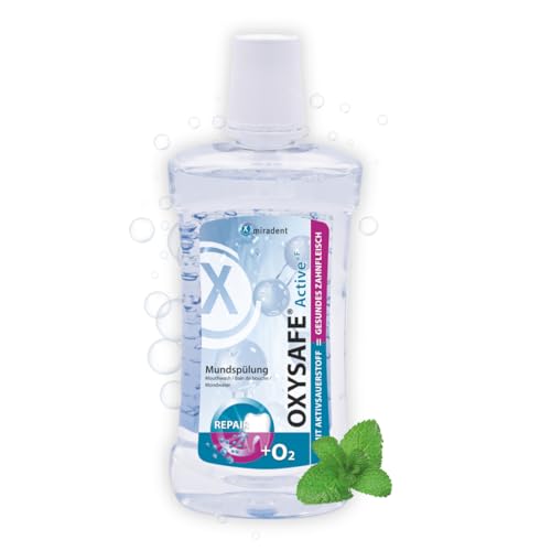 miradent OXYSAFE Active +F Mundspüllösung 500 ml | mit Aktivsauerstoff und Fluorid | Antibakteriell I schützt Zähne und Zahnfleisch I gegen Mundgeruch | plaquehemmend | alkoholfrei