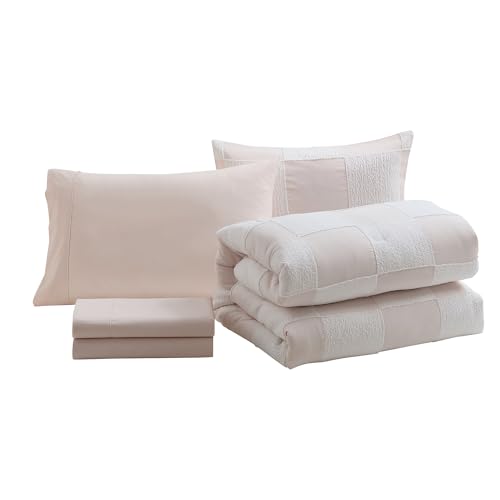 Image of Kids Comforter Set Bedding Set Bed in a Bag for Boys and Girls Toddlers Printed Sheet Set and Comforter, Twin, Chenille Checkered Blush Pink