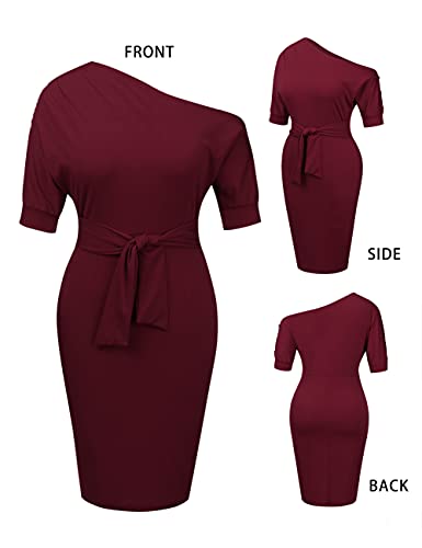 Image of Nature Comfy Elegant Womens Wear to Work One Shoulder Belted Pencil Dress
