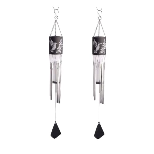 2-PC Gift Set ICE ARMOR 39" Long Solar Hummingbird Silhouette Cylinder Wind Chime Figurine Statue Sculpture Ornament Decoration Home/Room/Garden Decor for Housewarming, Holidays, Christmas Special