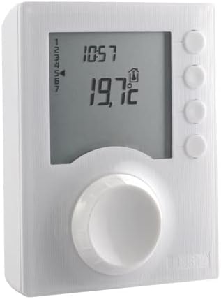 มุม view of the Delta Dore Tybox 417 thermostat, highlighting its compact design and side profile.