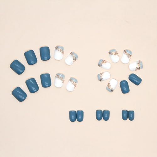 Square Press on Nails Short Sea Blue Fake Nails Glossy Acrylic Nails Press ons Full Cover False Nails with Golden Glitter Designs Glue Stick on Nails for Women Girls 24 Pcs - Thumbnail 4