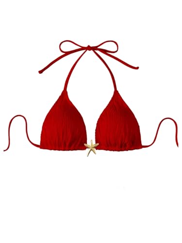 WDIRARA Women's Halter Triangle String Bikini Top Metal Starfish Tie Backless Swim Tops