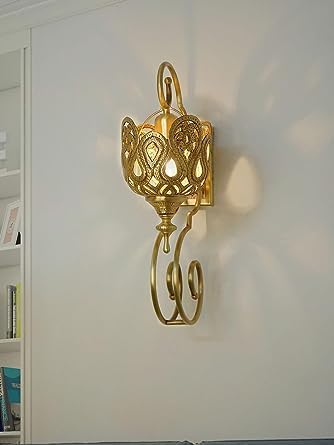 Image of Gold Antique Hand Carved Unique Brass Single-Light Wall Lamp for Living Rooms Home Decoration