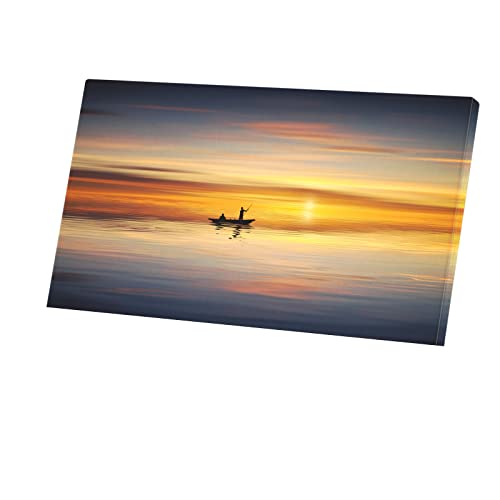 Silhouette Pecheur Tableau Décoratif Toile Imprimée Barque Mer Soleil Couchant