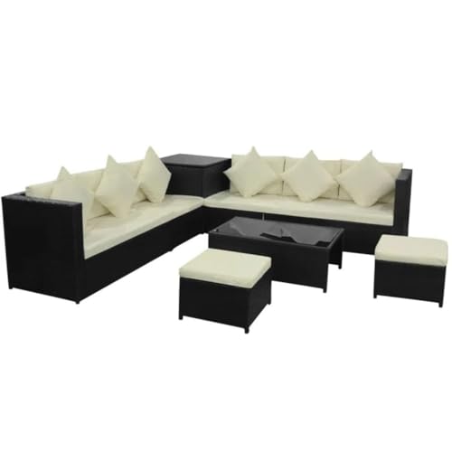 Image of 6-Piece Outdoor Patio Conversation Set, Sofa with Ottomans, and Glass Coffee Table, with Hand-Woven Wicker and Thick Cushions. (Black and Beige)