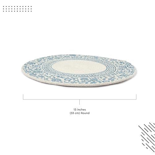 Image of Dining Table Mats Set of 4 | Cotton Table Mat 32 cm Diameter, Encasa XO Washable Round Table Mats, Heat Resistance Dining Table Placemats, Handmade Ribbed Style for Centre Table, Printed Light Blue